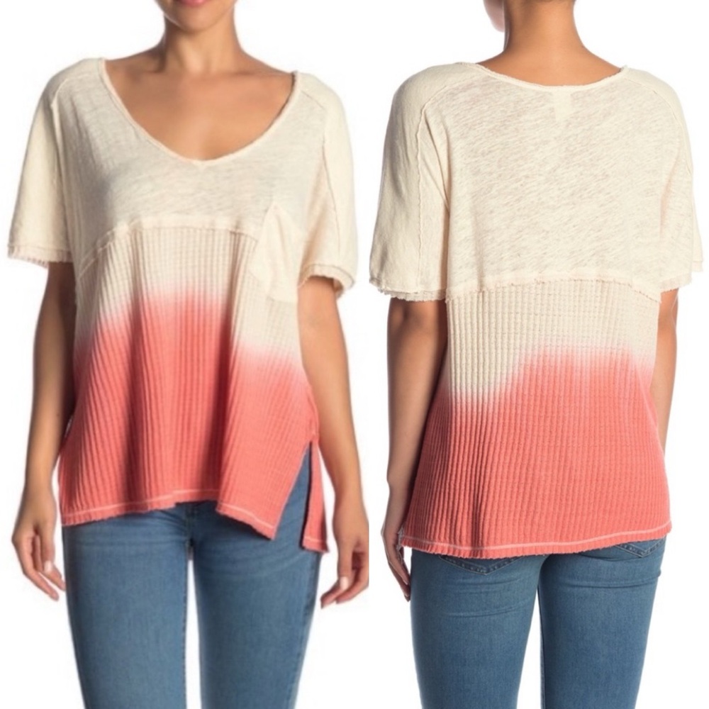 Free People We The Free Sun Dial Coral/Cream Ombre Linen Blend T-shirt